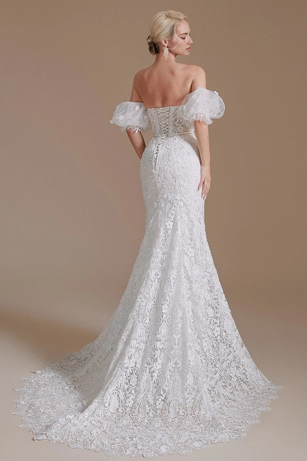 Romantic Mermaid Sweetheart Neck Off Shoulder Lace Up Back Floor Length Wedding Dress