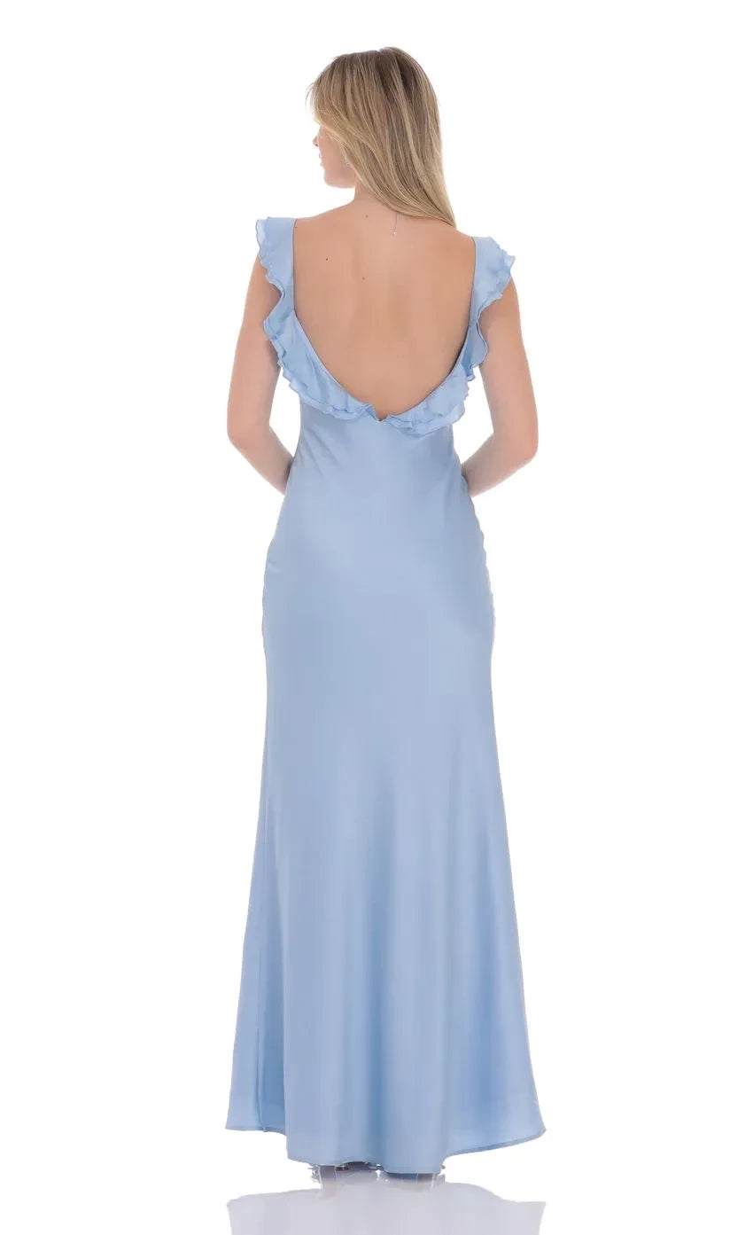Romantic Mermaid V Neck Ruffled Strap Open Back Floor Length Evening Dress