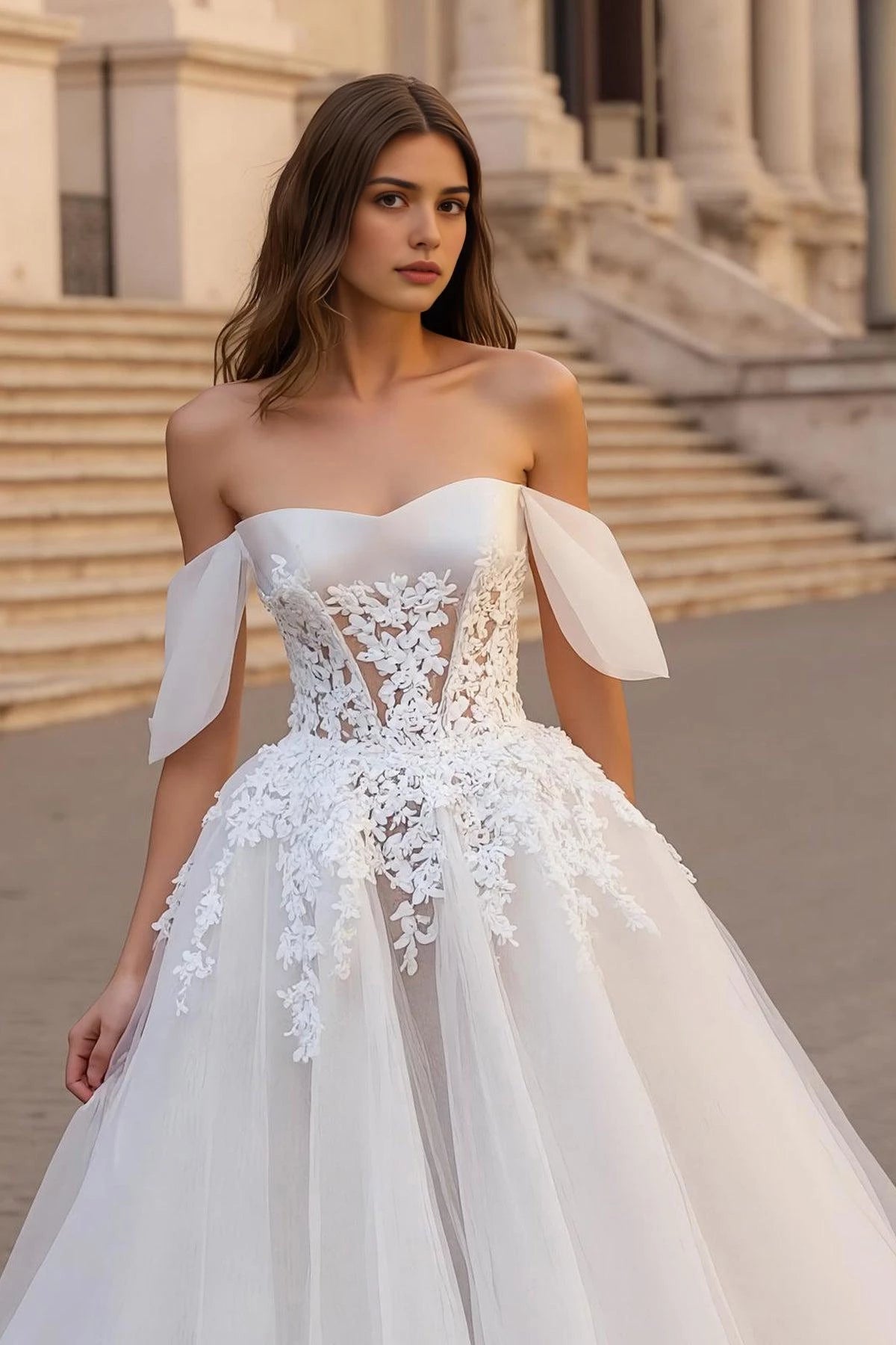 Romantic Off Shoulder Flutter Sleeve Open Back Floor Length Wedding Dress