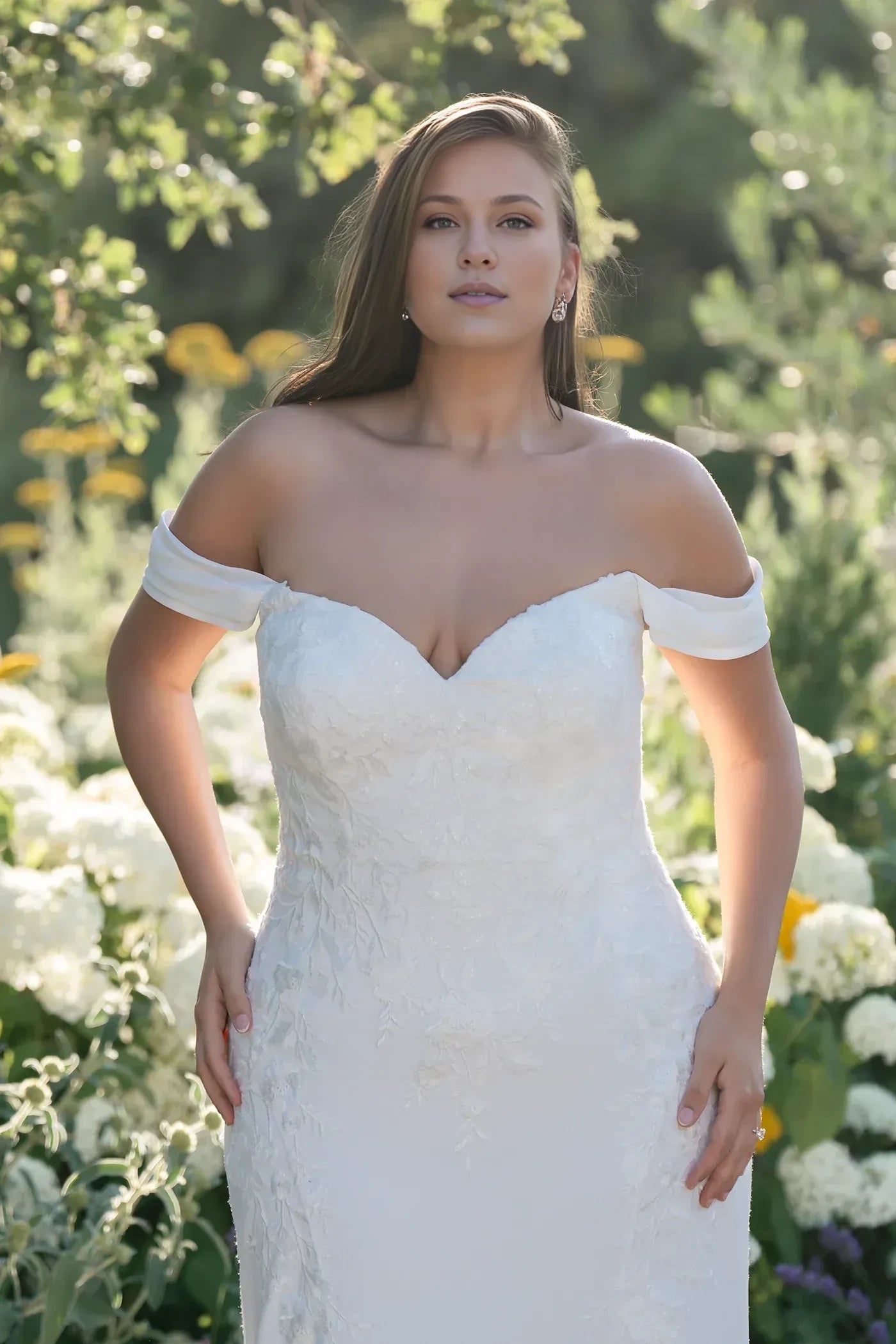 Romantic Plus Size Trumpet Off Shoulder Short Sleeve Button Back Floor Length Wedding Dress
