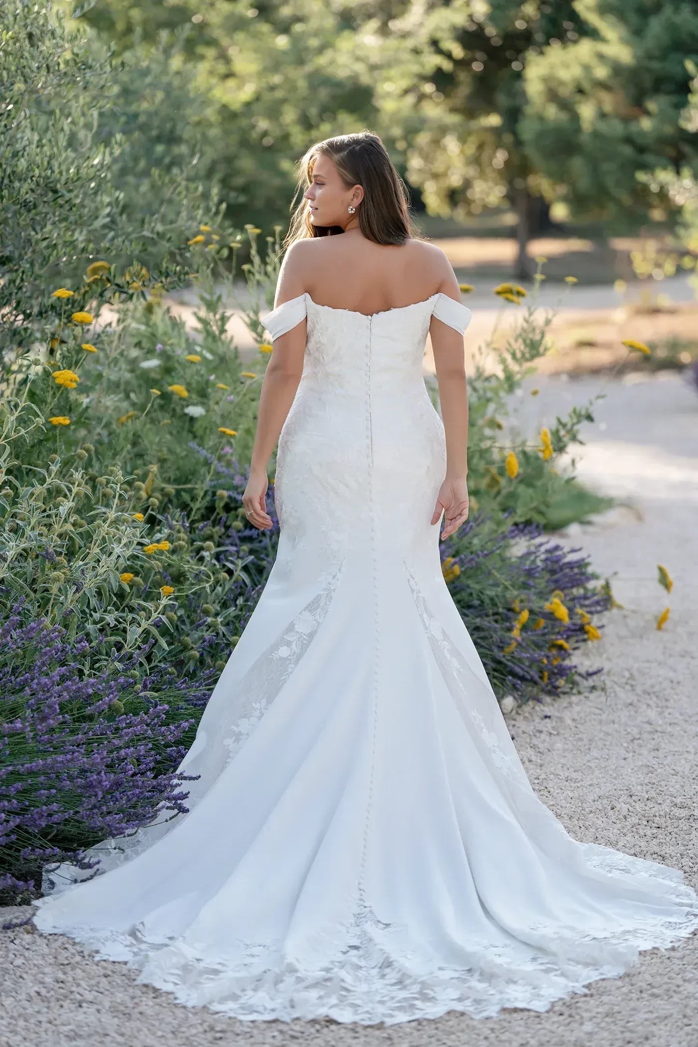 Romantic Plus Size Trumpet Off Shoulder Short Sleeve Button Back Floor Length Wedding Dress