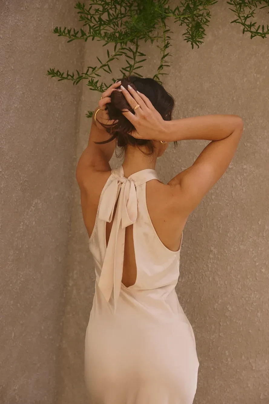 Romantic Sheath Asymmetric Neck Sleeveless Tie Back Midi Length Prom Dress