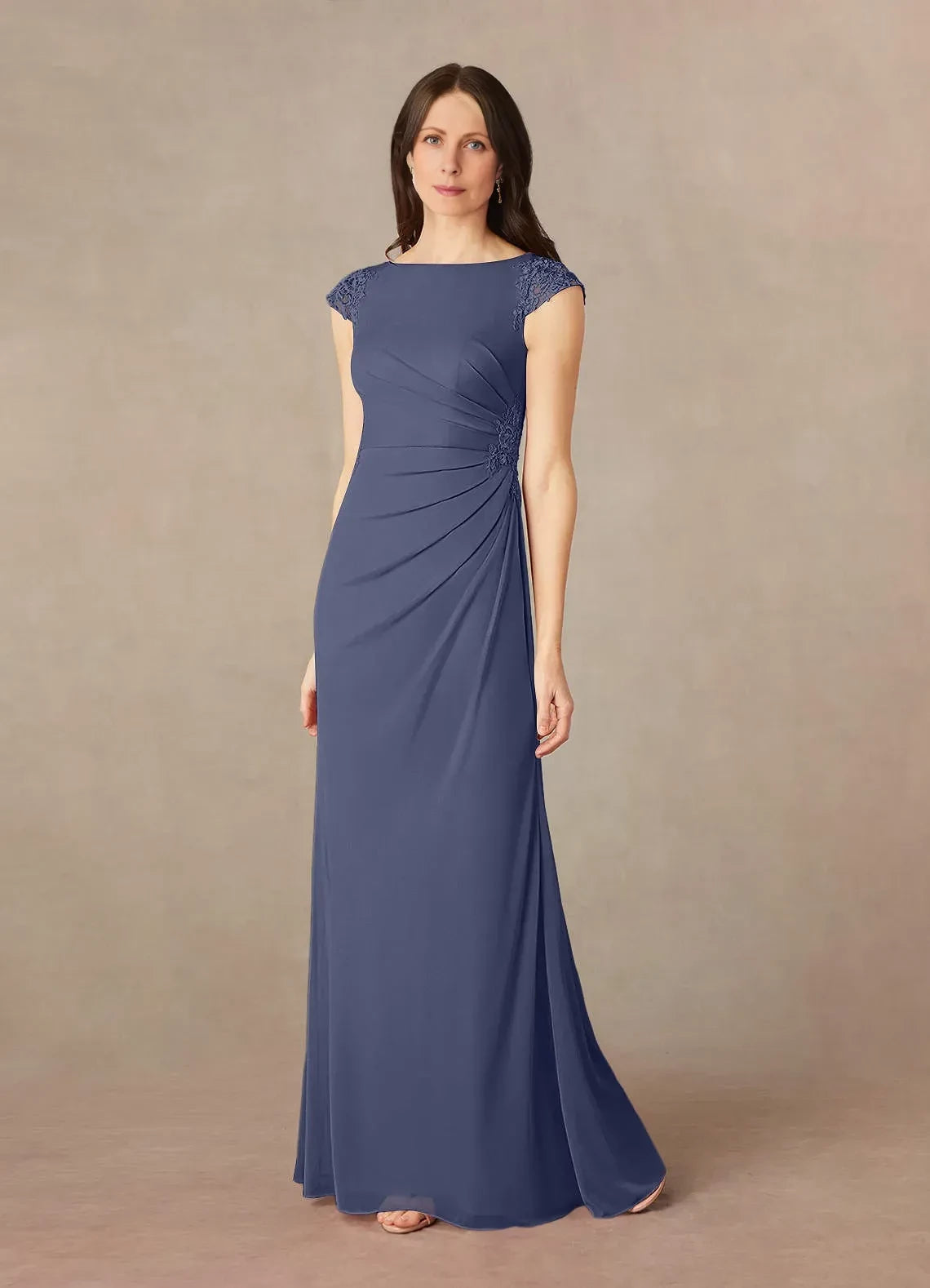 Romantic Sheath Boat Neck Lace Cap Sleeve Zipper Back Floor Length Mother of the Bride Dress