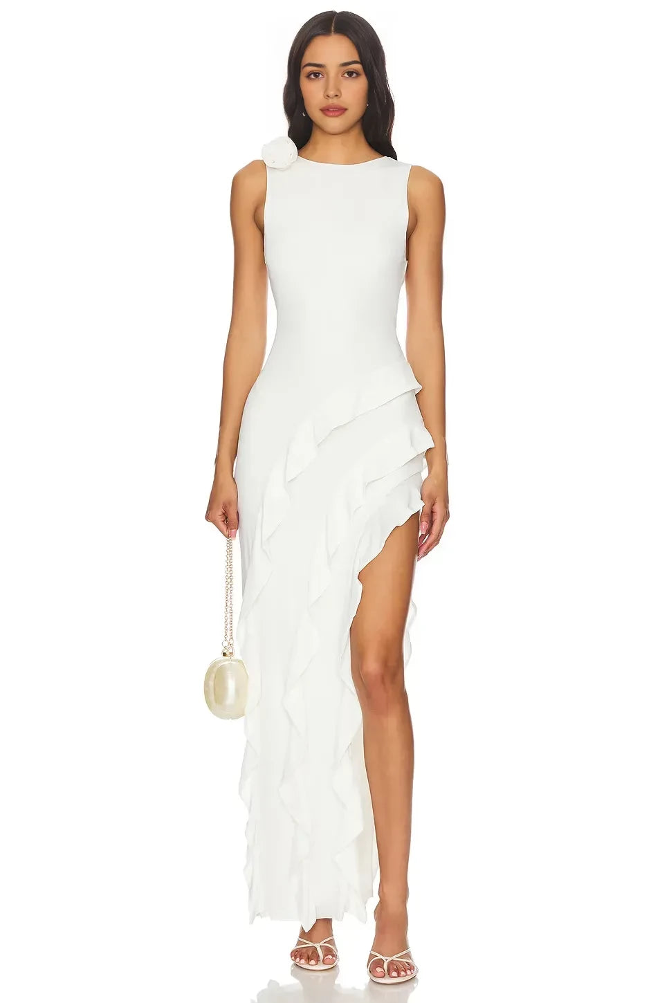 Romantic Sheath Boat Neck Sleeveless Ruffle Hem Open Back Floor Length Evening Dress