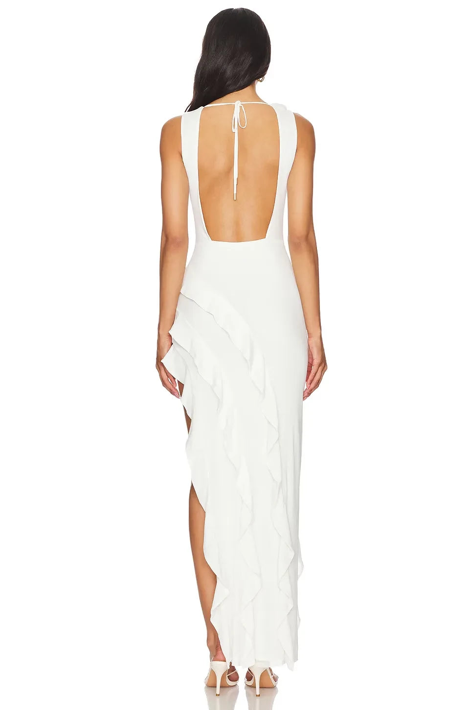 Romantic Sheath Boat Neck Sleeveless Ruffle Hem Open Back Floor Length Evening Dress