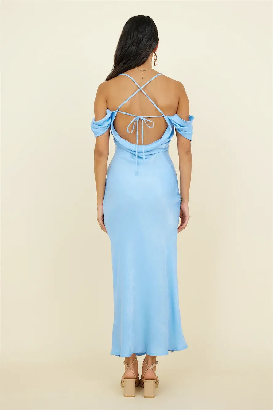 Romantic Sheath Cowl Neck Off Shoulder Tie Back Floor Length Prom Dress