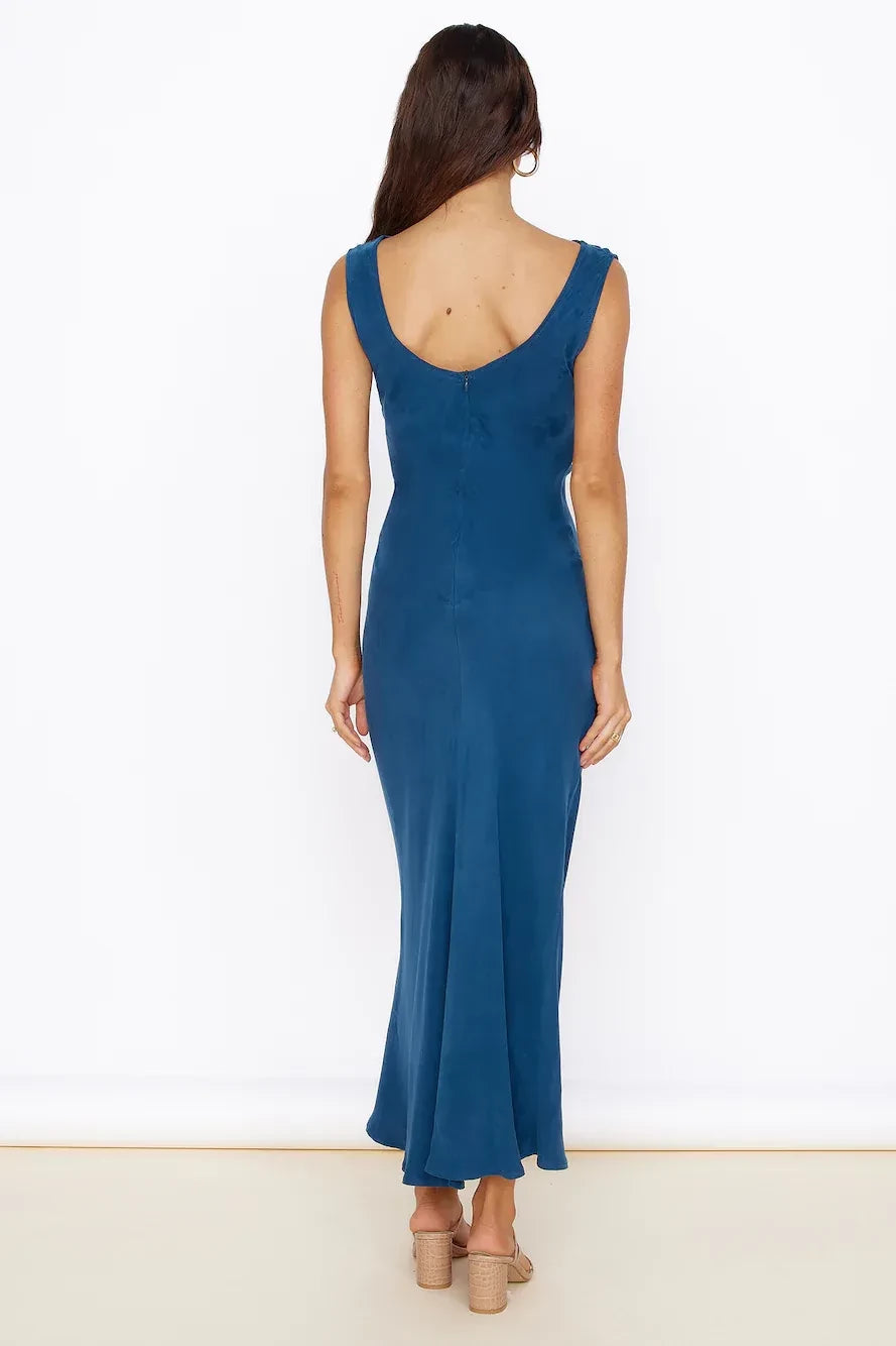 Romantic Sheath Cowl Neck Sleeveless Open Back Midi Length Prom Dress