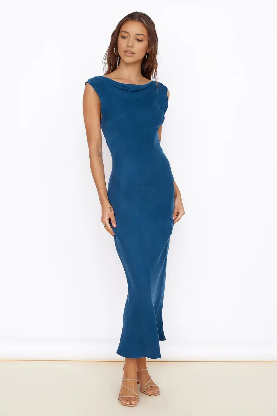 Romantic Sheath Cowl Neck Sleeveless Open Back Midi Length Prom Dress