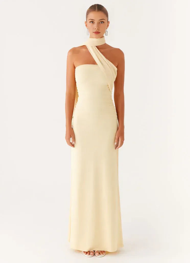 Romantic Sheath Halter Neck Sleeveless Draped Back Floor Length Plus Size Evening Dress