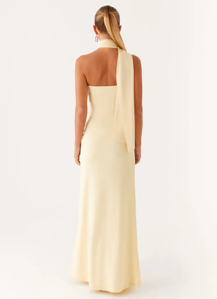 Romantic Sheath Halter Neck Sleeveless Draped Back Floor Length Plus Size Evening Dress
