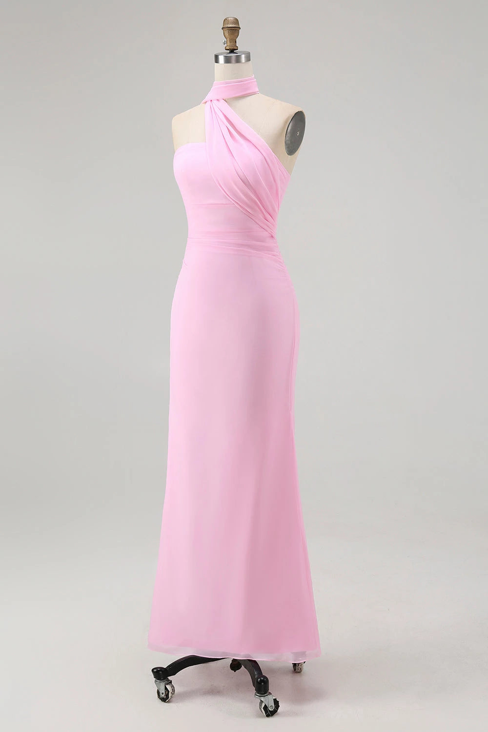 Romantic Sheath Halter Neck Sleeveless Draped Back Floor length Evening Dress Homecoming Dress