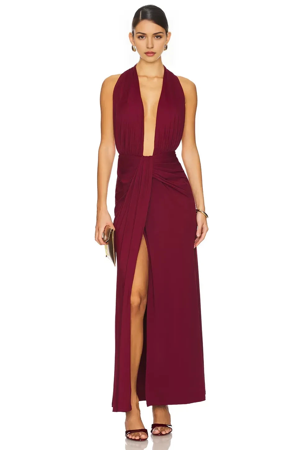 Romantic Sheath Halter Neck Sleeveless Open Back High Slit Floor Length Evening Dress