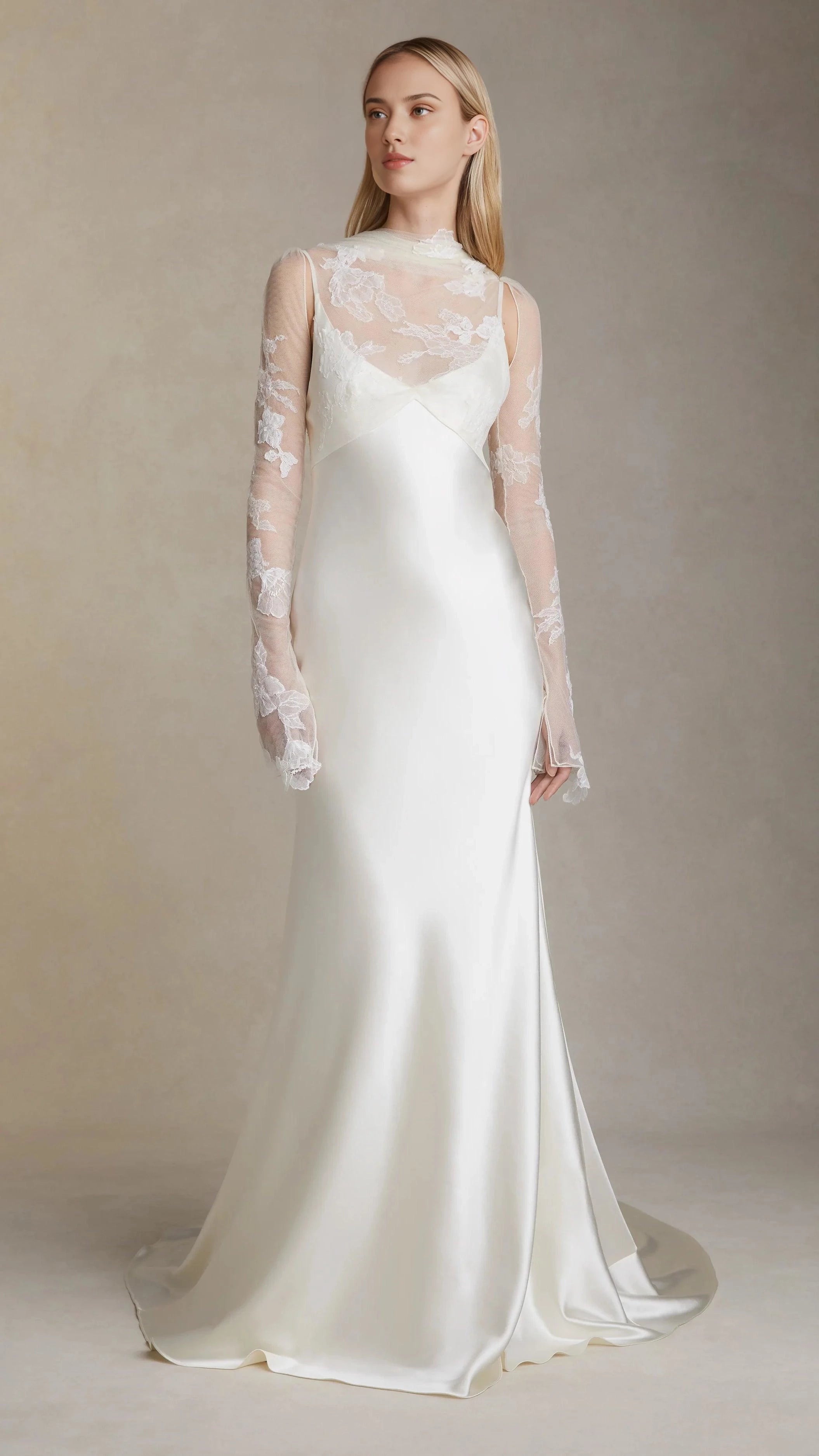 Romantic Sheath High Neck Lace Long Sleeve Open Back Floor Length Wedding Dress
