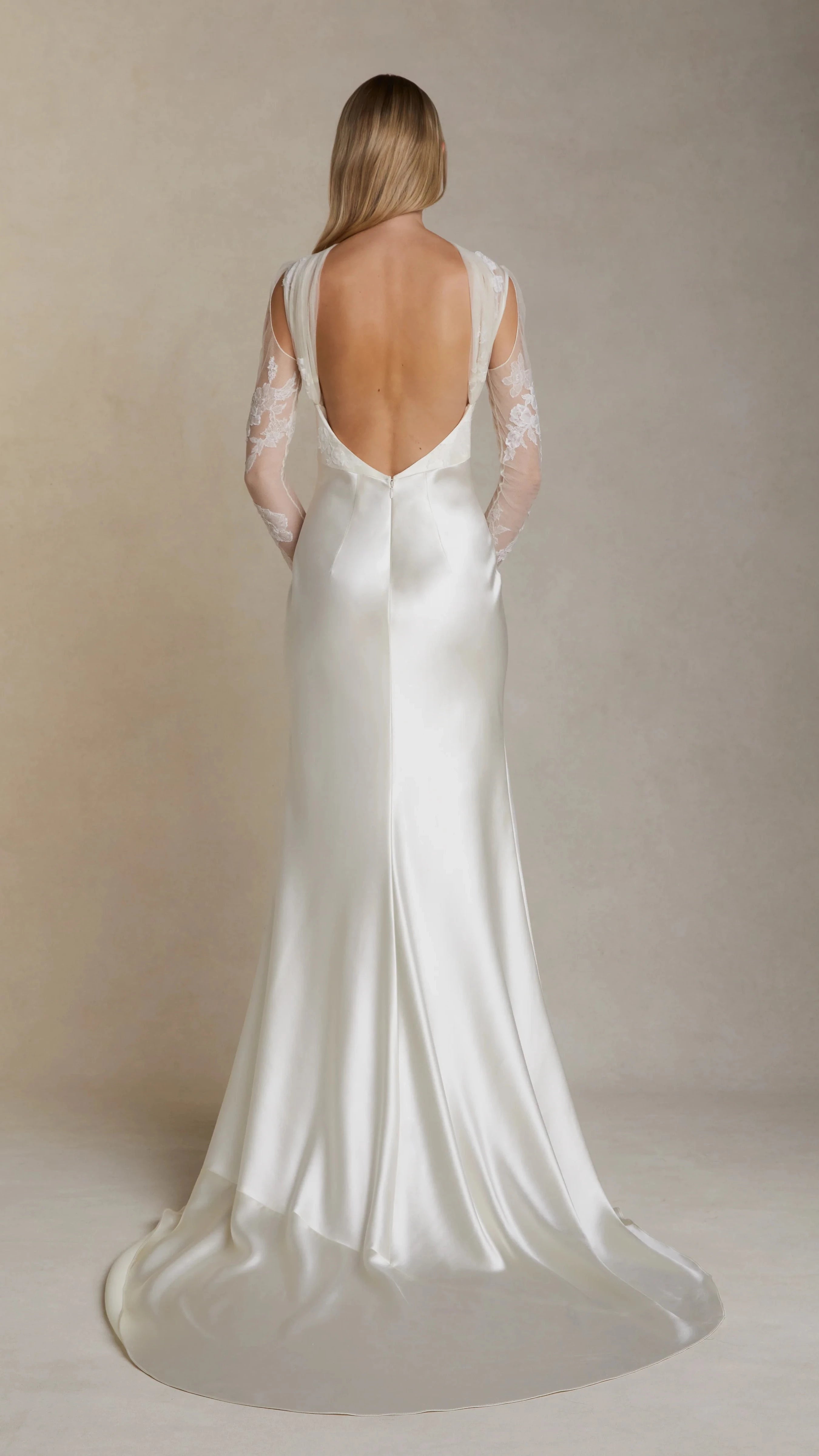 Romantic Sheath High Neck Lace Long Sleeve Open Back Floor Length Wedding Dress