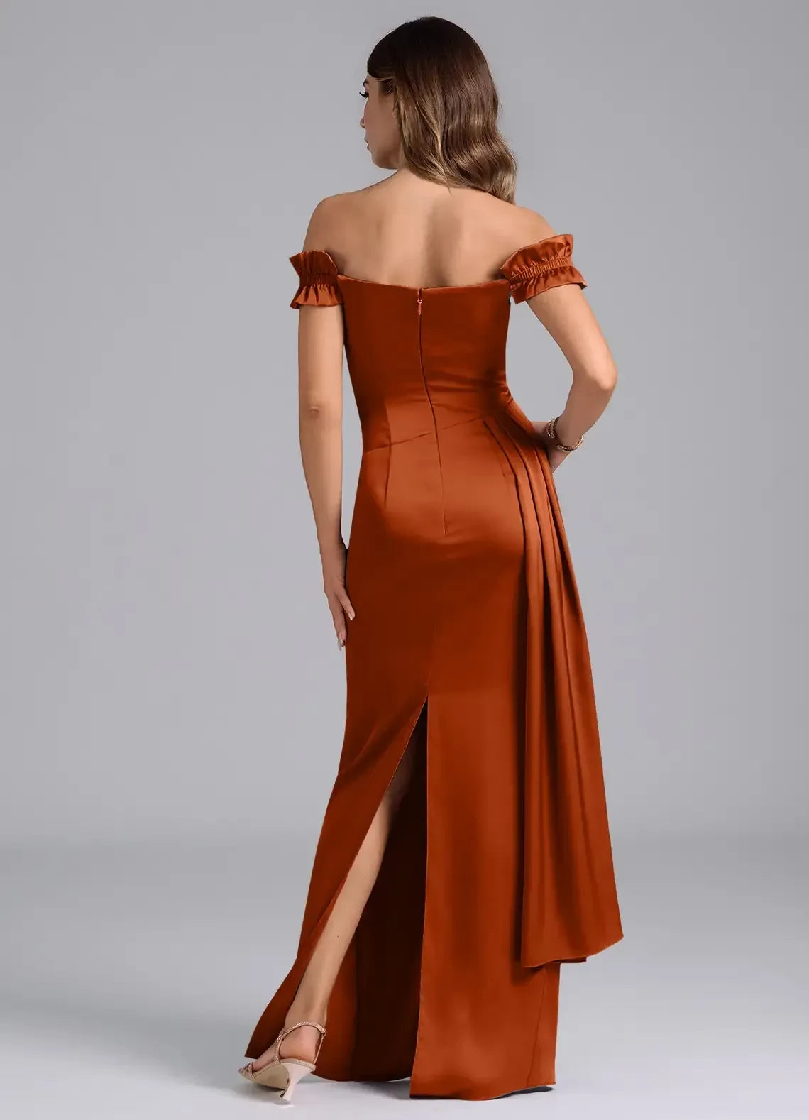 Romantic Sheath Off Shoulder Ruffled Sleeve Zip Back Floor Length Bridesmaid Dress