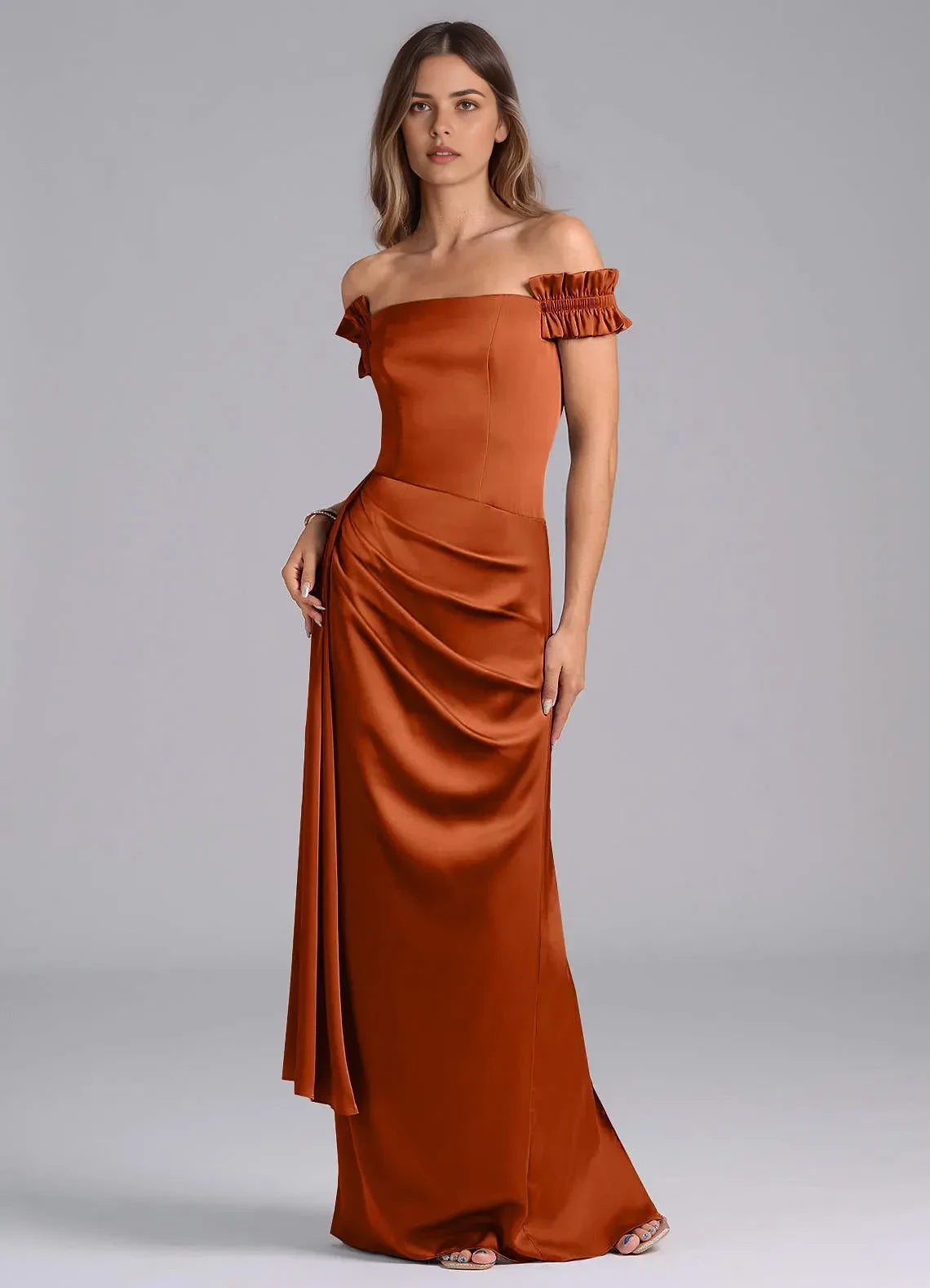 Romantic Sheath Off Shoulder Ruffled Sleeve Zip Back Floor Length Bridesmaid Dress