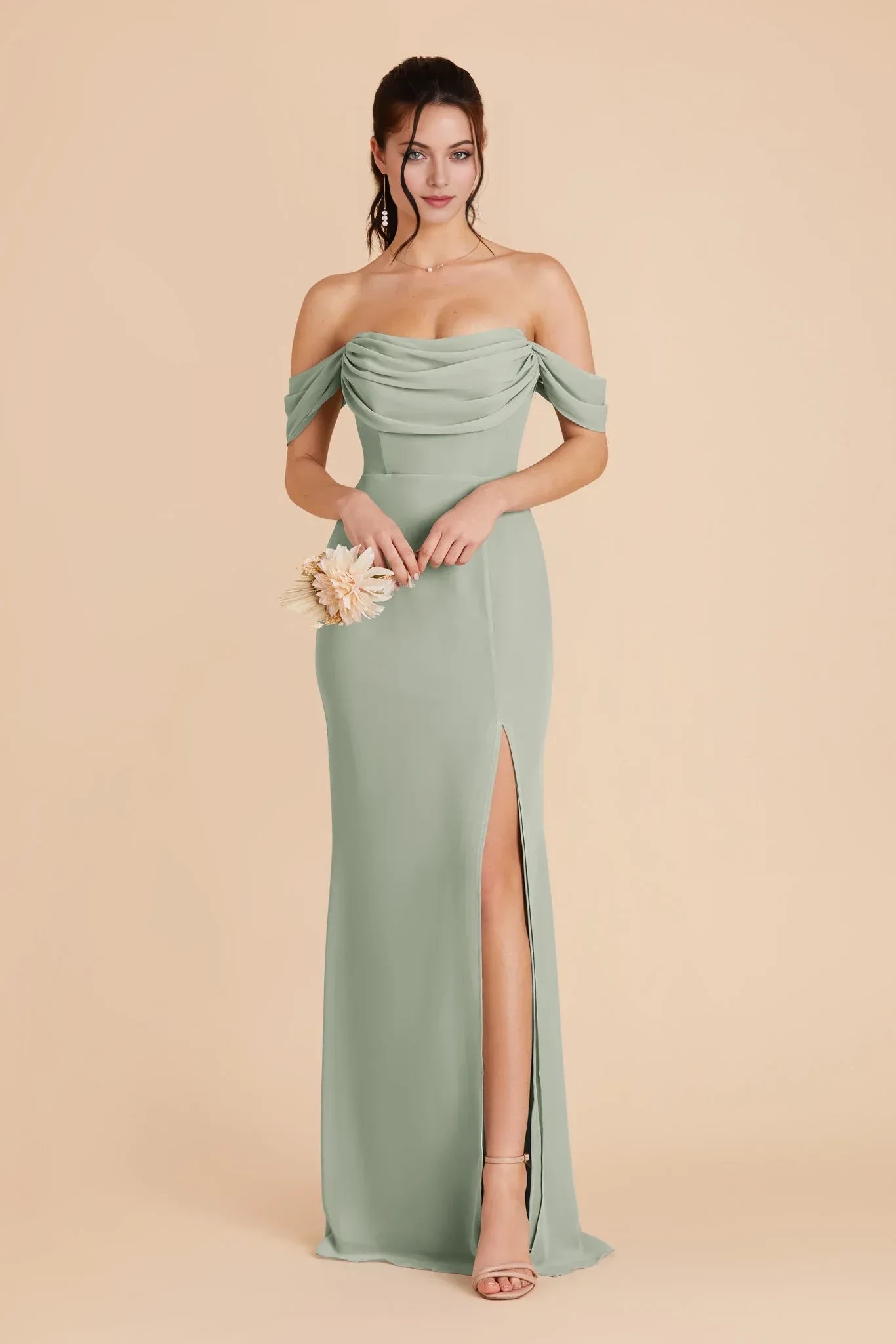 Romantic Sheath Off Shoulder Short Sleeve Open Back Floor Length Bridesmaid Dress