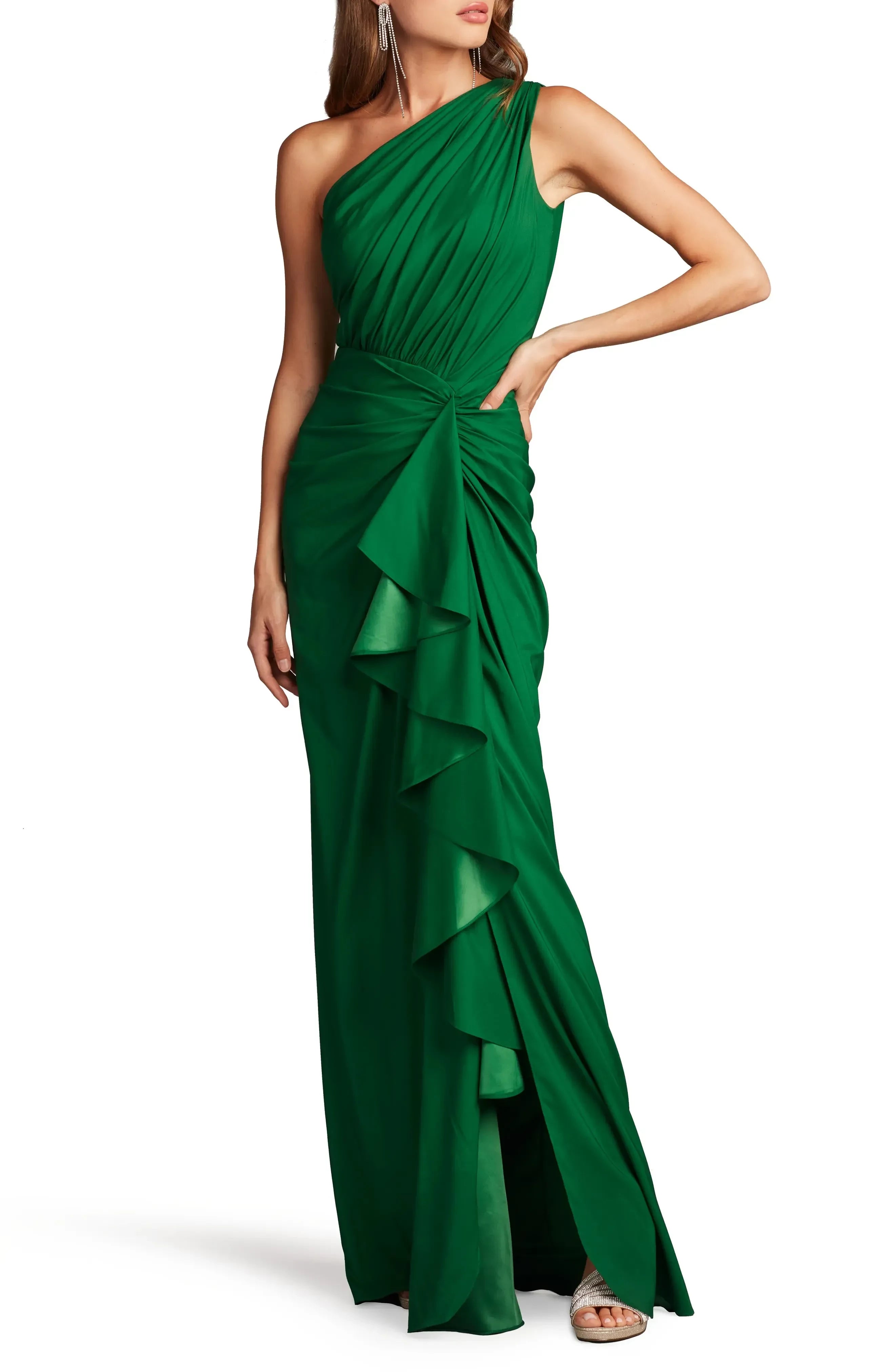 Romantic Sheath One Shoulder Sleeveless Ruched Back Floor Length Evening Dress