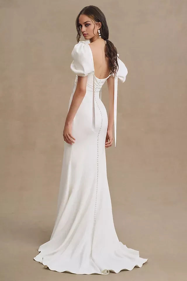 Romantic Sheath Square Neck Puff Sleeve Tie Back Floor Length Wedding Dress