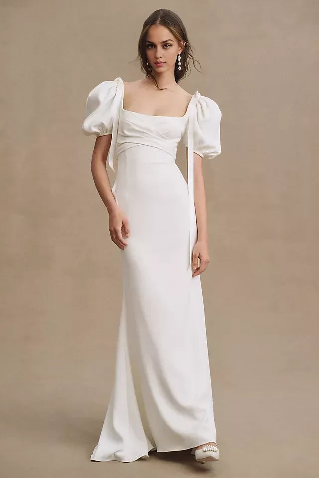 Romantic Sheath Square Neck Puff Sleeve Tie Back Floor Length Wedding Dress