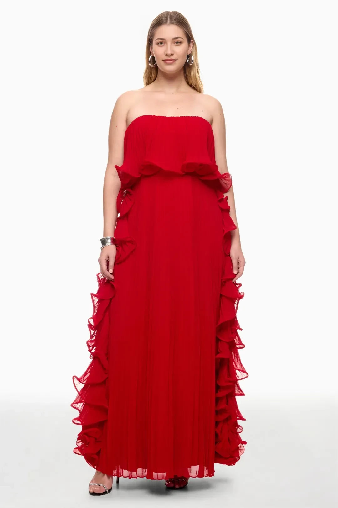 Romantic Sheath Strapless Sleeveless Ruffle Accent Floor Length Plus Size Prom Dress