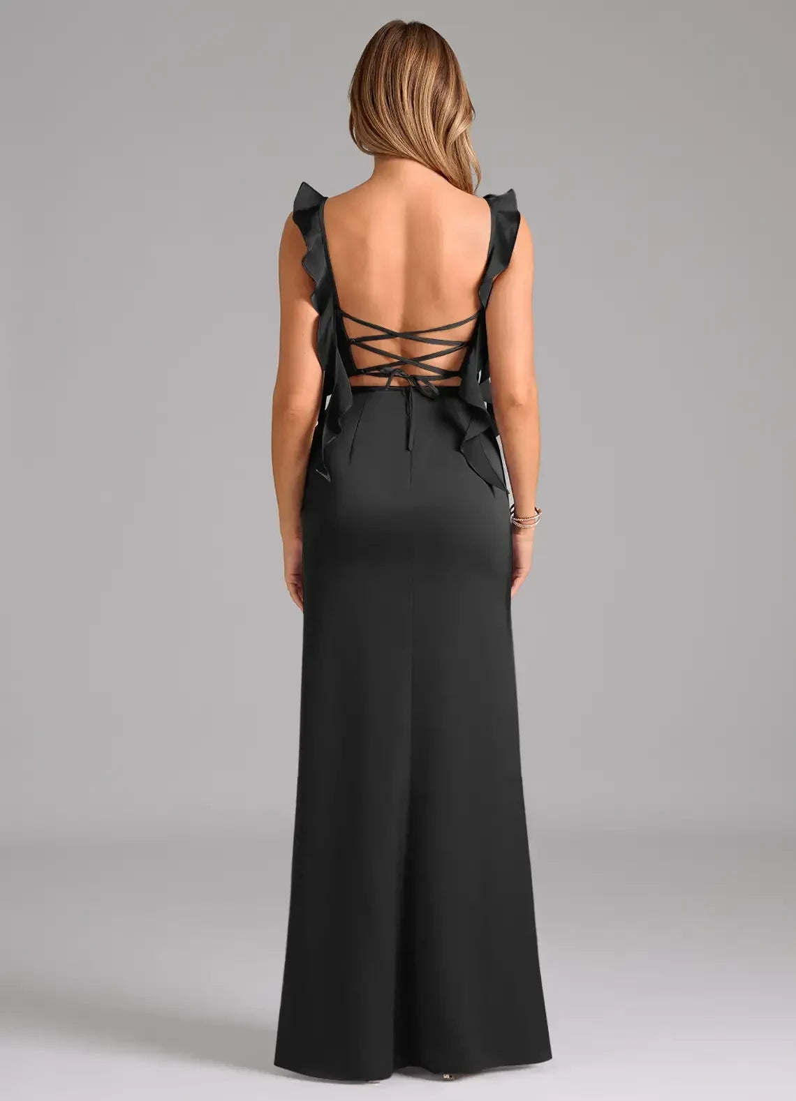 Romantic Sheath Sweetheart Neck Ruffled Strap Lace Up Back Floor Length Bridesmaid Dress