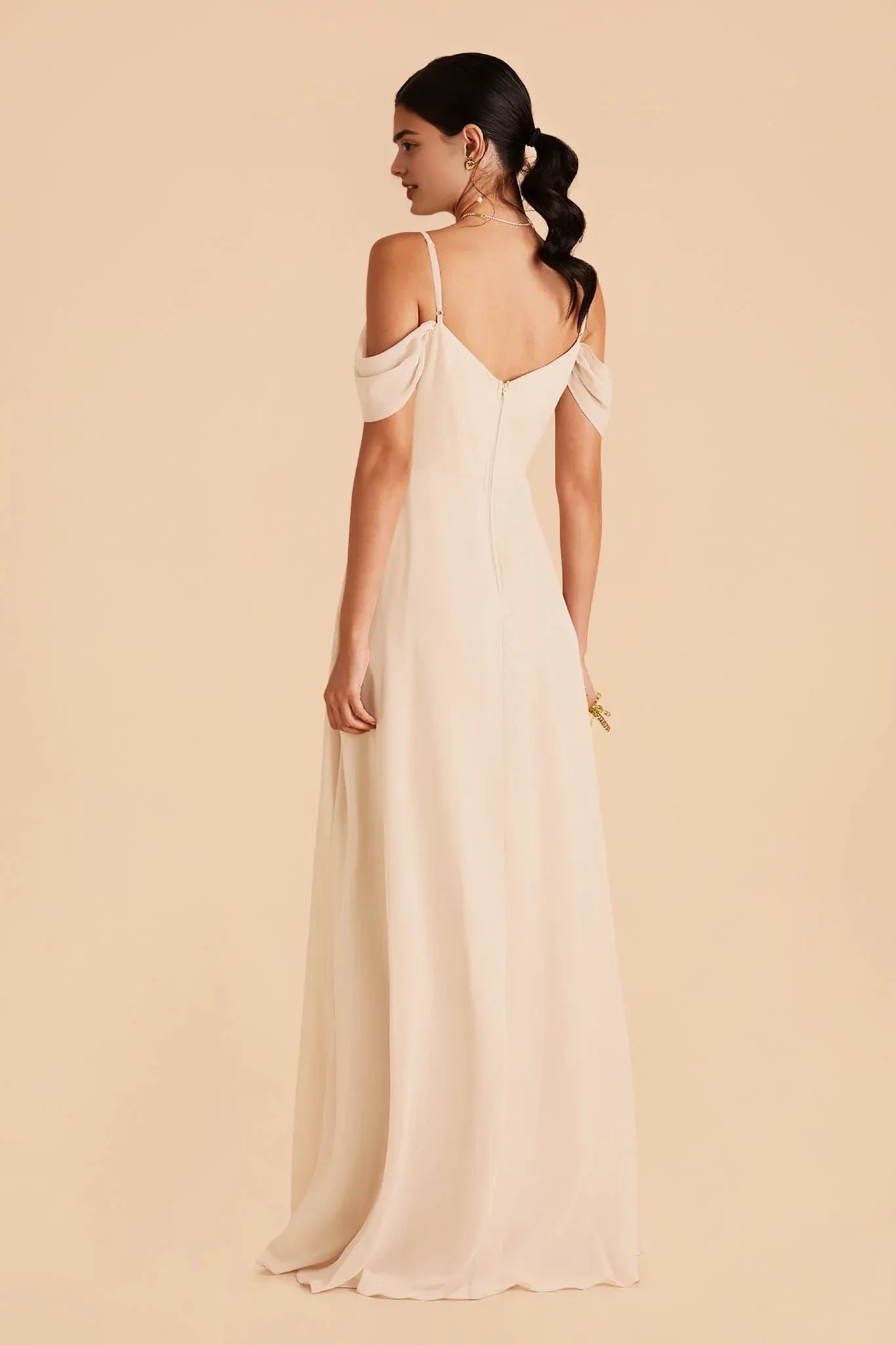 Romantic Sheath V Neck Cold Shoulder Open Back Floor Length Bridesmaid Dress