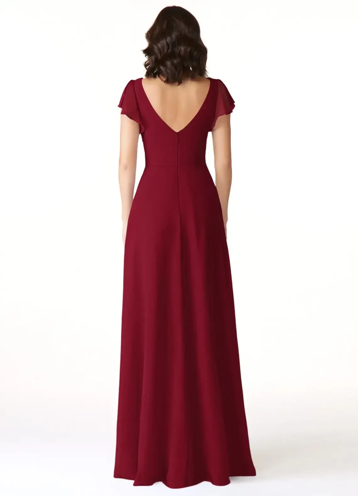 Romantic Sheath V Neck Ruffled Short Sleeve Open Back Floor Length Bridesmaid Dress