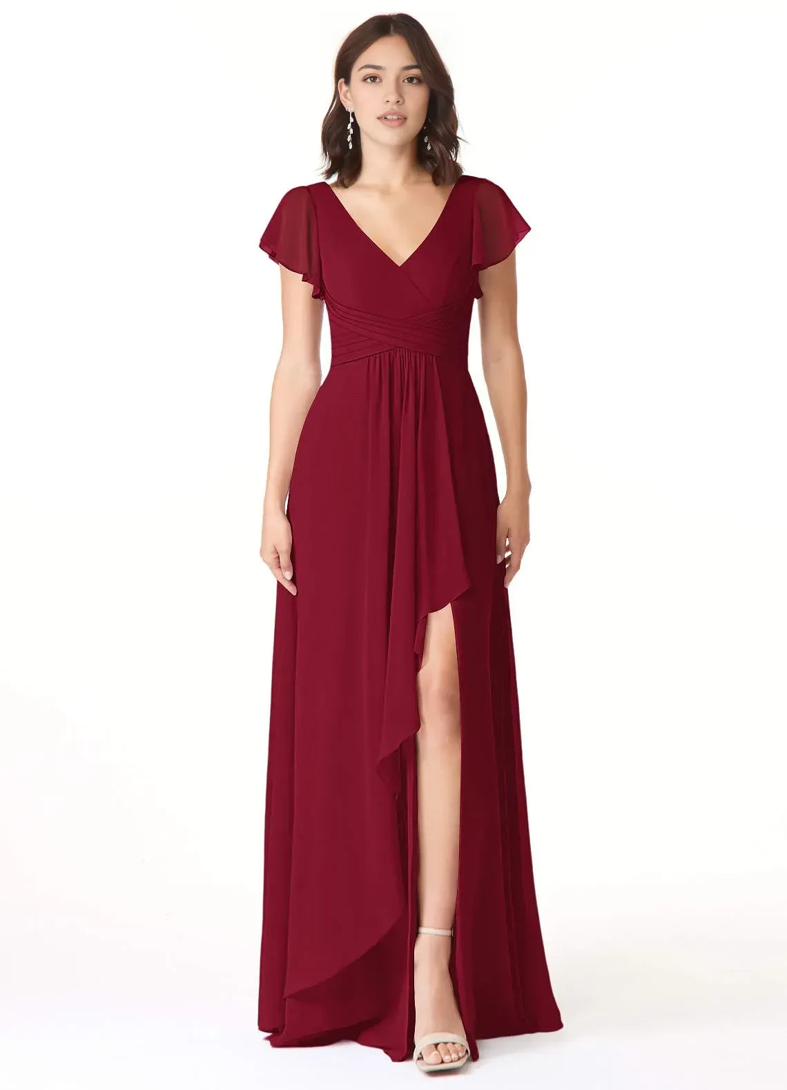Romantic Sheath V Neck Ruffled Short Sleeve Open Back Floor Length Bridesmaid Dress