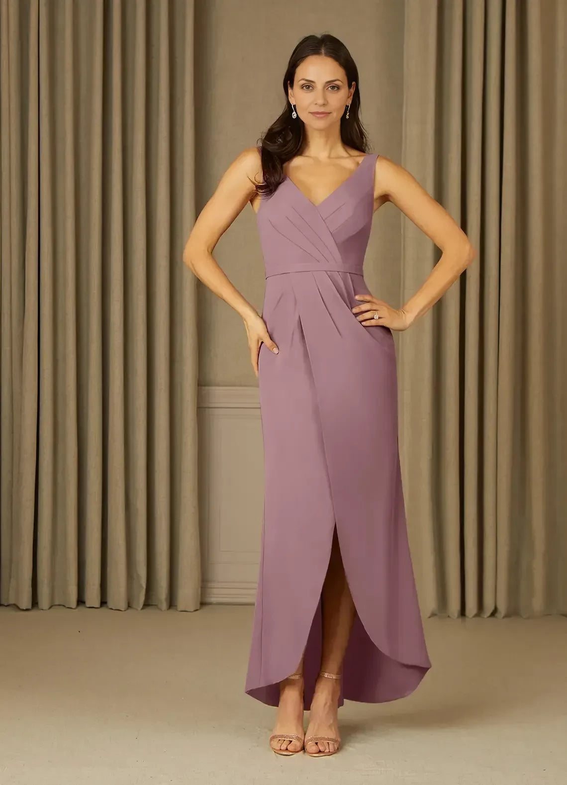 Romantic Sheath V Neck Sleeveless Button Back Hi Lo Length Mother of the Bride Dress