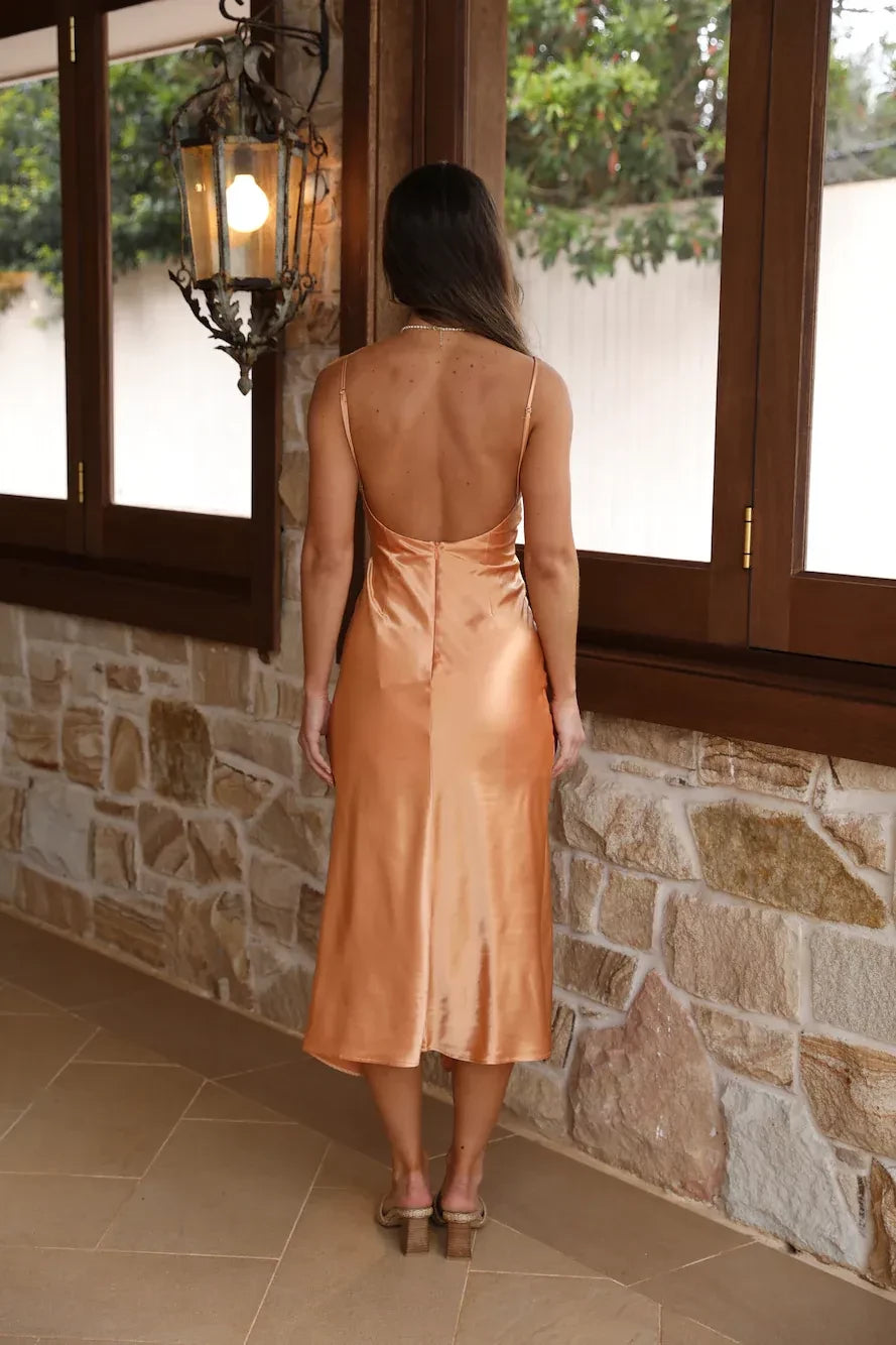 Romantic Sheath V Neck Sleeveless Open Back Side Slit Midi Length Prom Dress
