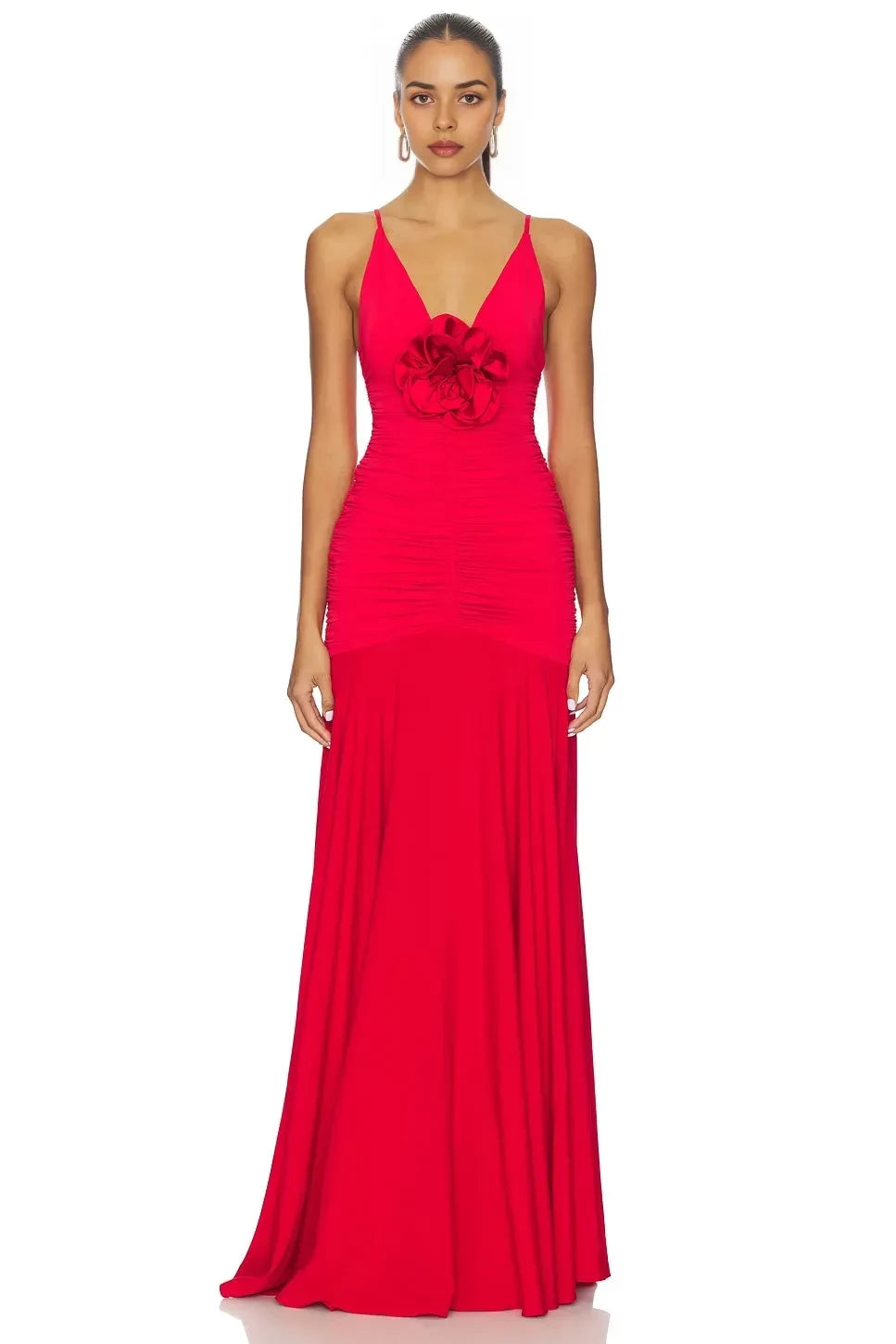 Romantic Sheath V Neck Sleeveless Ruched Back Floor Length Evening Dress
