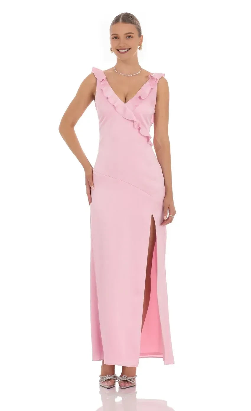 Romantic Sheath V Neck Sleeveless Ruffled Back Floor Length Evening Dress