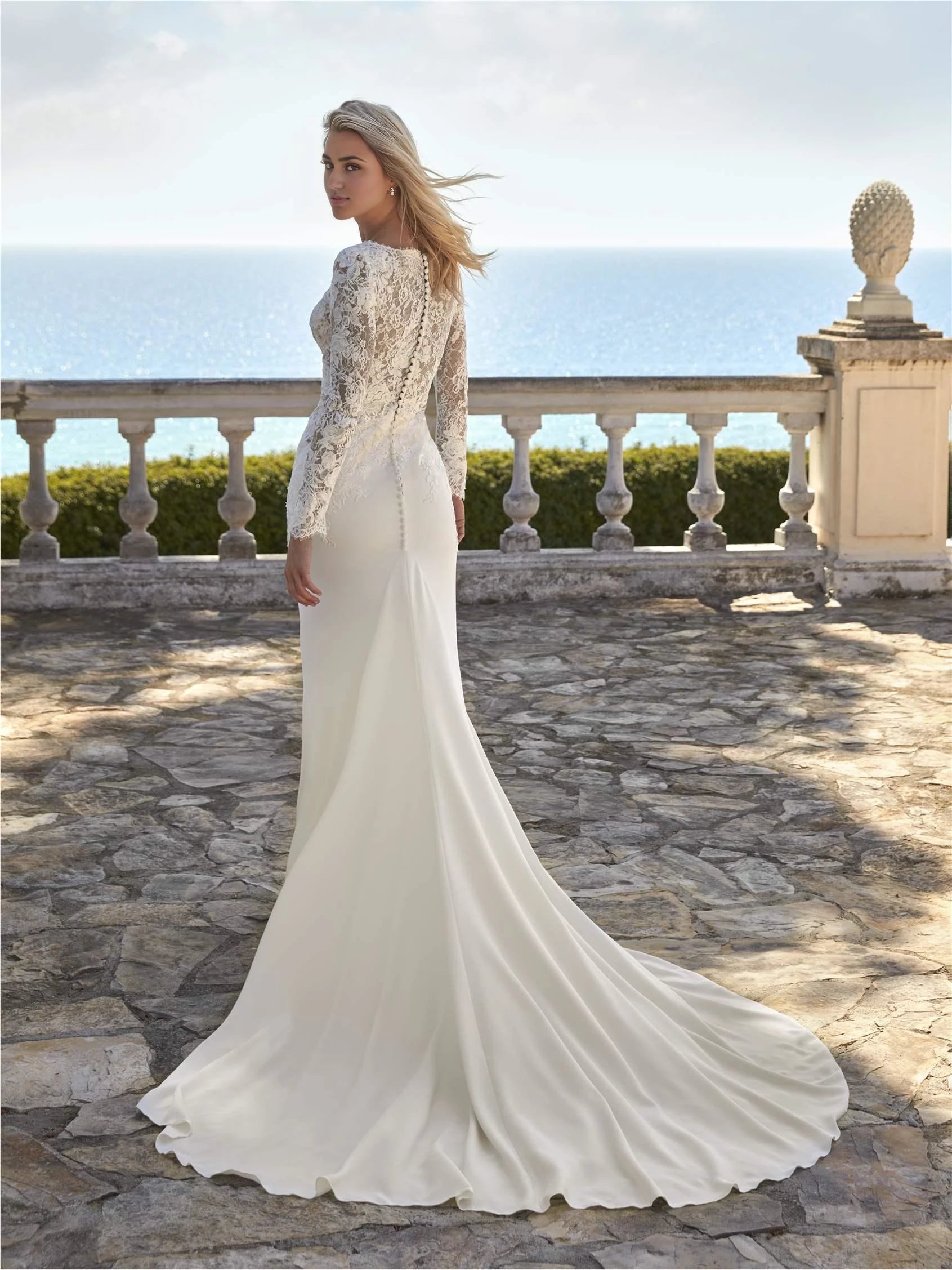 Romantic Trumpet Boat Neck Long Sleeve Lace Up Back Floor Length Wedding Dress