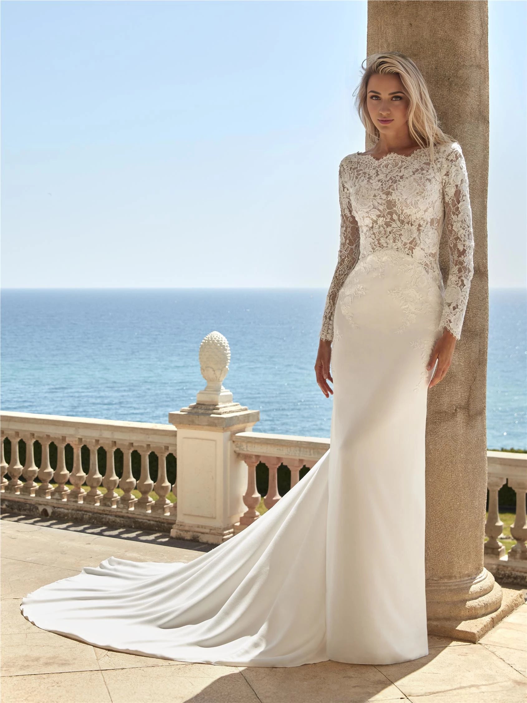 Romantic Trumpet Boat Neck Long Sleeve Lace Up Back Floor Length Wedding Dress