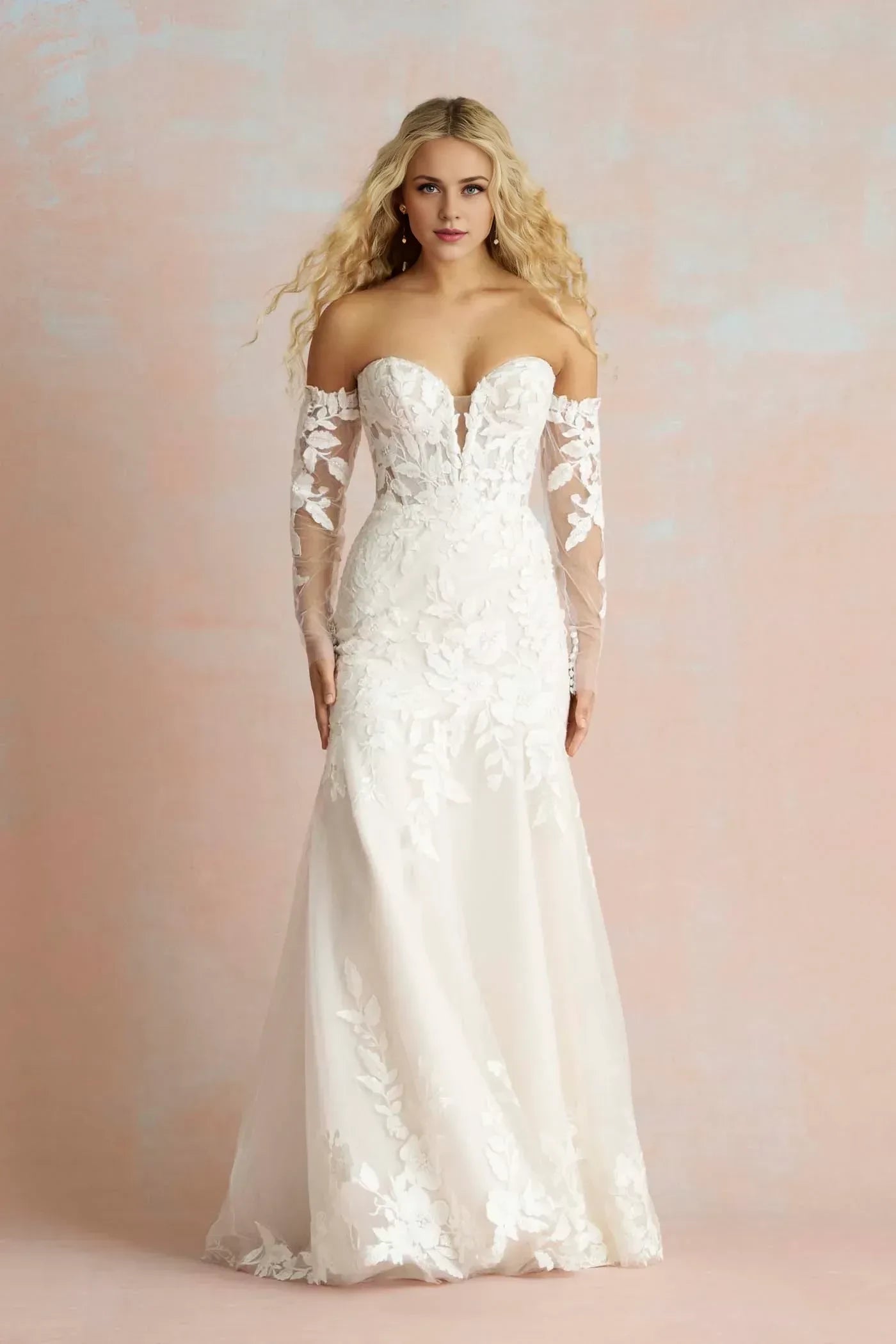 Romantic Trumpet Off Shoulder Long Sleeve Button Back Floor Length Wedding Dress
