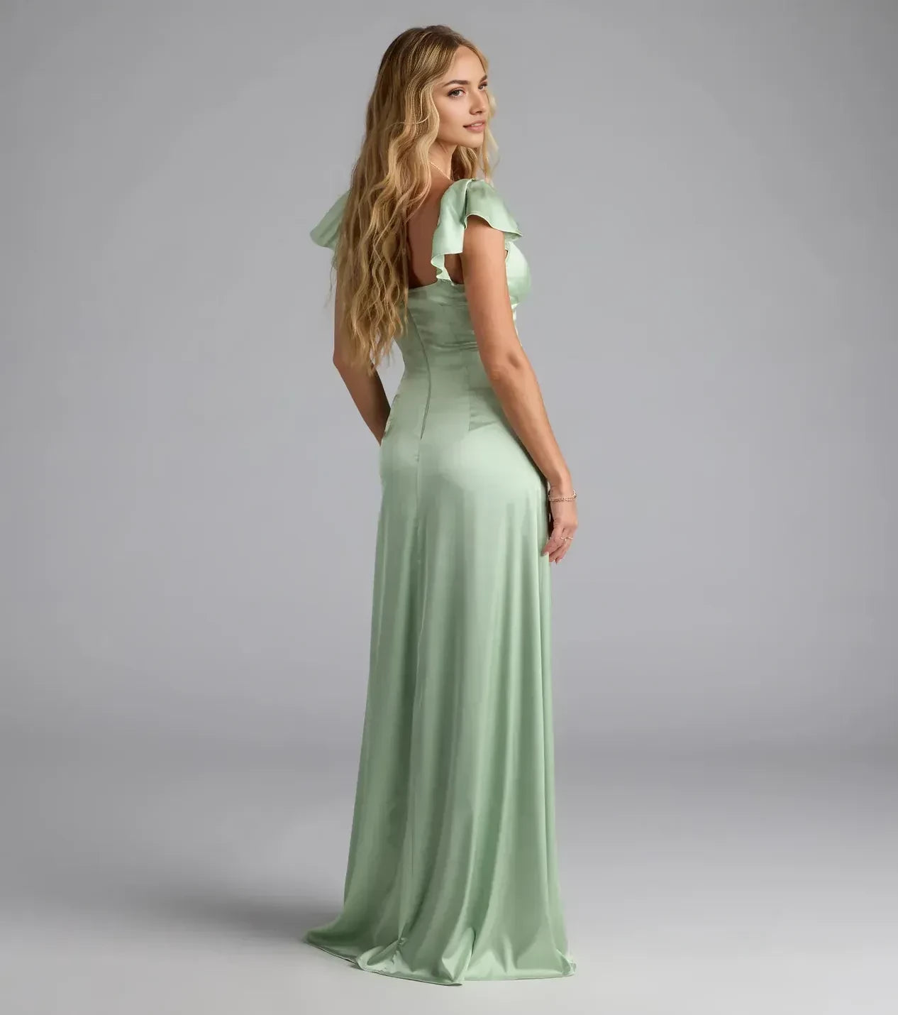 Romantic Trumpet Sweetheart Neck Ruffle Sleeve Open Back Floor Length Prom Dress