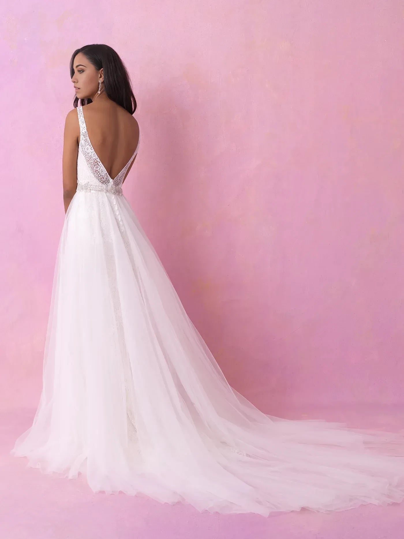 Romantic Trumpet V Neck Sleeveless Open Back Floor Length Wedding Dress