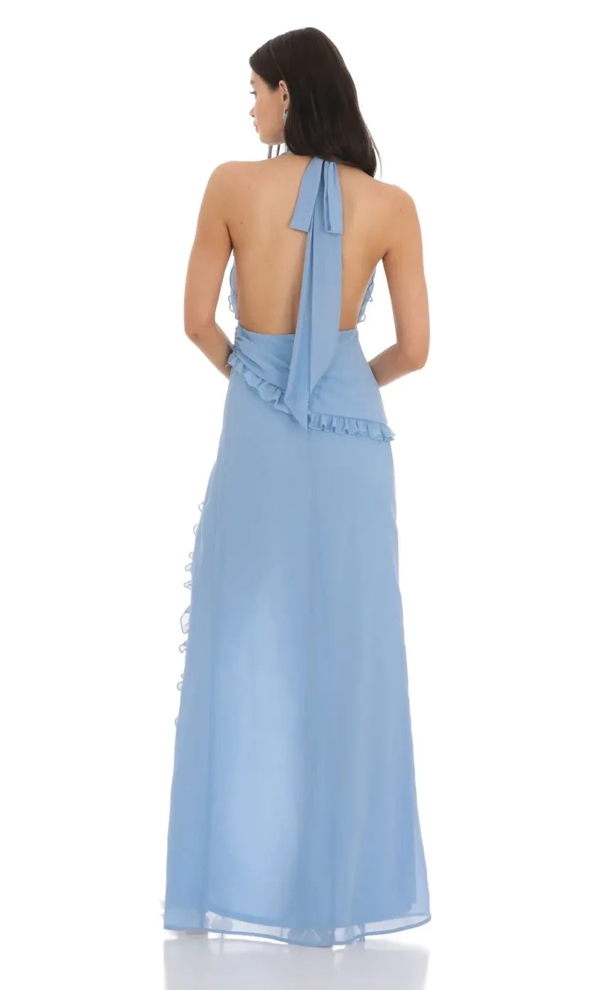Romantic Wrap Halter Neck Sleeveless Tie Back Floor Length Evening Dress