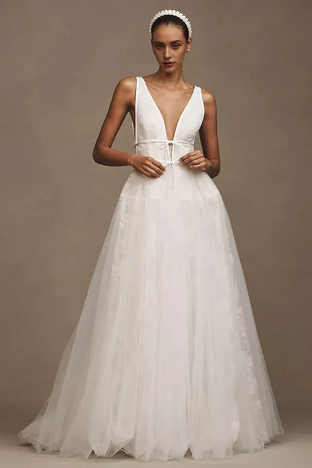 Romantic A Line Deep V Neck Sleeveless Tulle Open Back Floor Length Wedding Dress