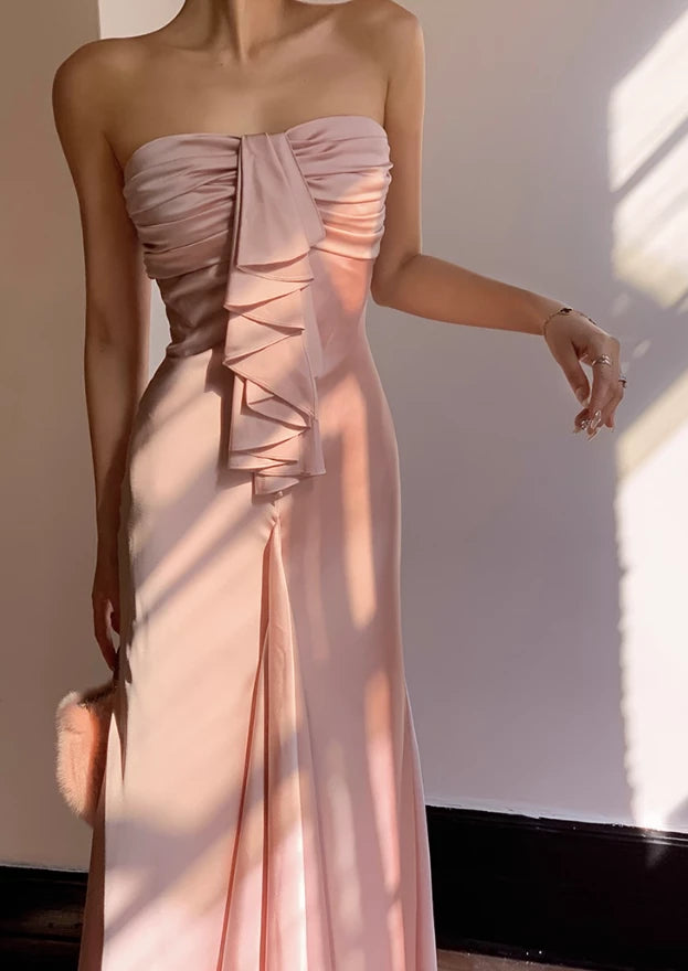 Romantic Mermaid Sweetheart Neck Sleeveless Off-the-shoulder Pink Satin Floor length Prom Dress Cocktail Dress Homecoming Dress Evening Dress Party Dress