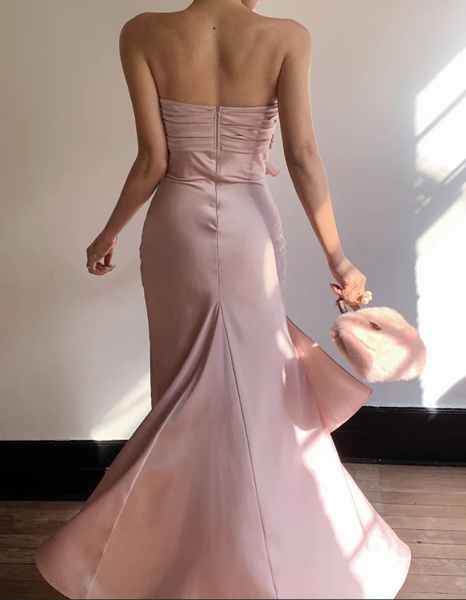 Romantic Mermaid Sweetheart Neck Sleeveless Off-the-shoulder Pink Satin Floor length Prom Dress Cocktail Dress Homecoming Dress Evening Dress Party Dress