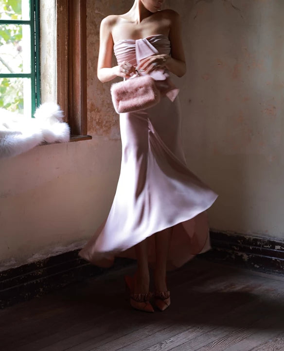 Romantic Mermaid Sweetheart Neck Sleeveless Off-the-shoulder Pink Satin Floor length Prom Dress Cocktail Dress Homecoming Dress Evening Dress Party Dress