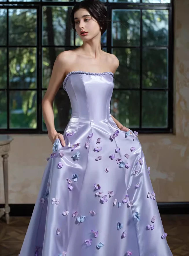 Romantic Purple A Line Strapless Appliques Satin Long Sleeveless Off-the-shoulder Long Floor length Prom Dress Cocktail Dress Homecoming Dress Evening Dress