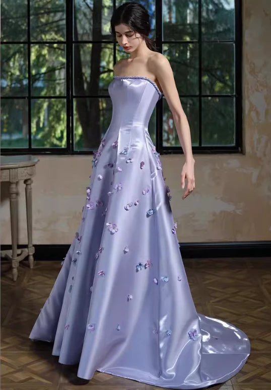 Romantic Purple A Line Strapless Appliques Satin Long Sleeveless Off-the-shoulder Long Floor length Prom Dress Cocktail Dress Homecoming Dress Evening Dress