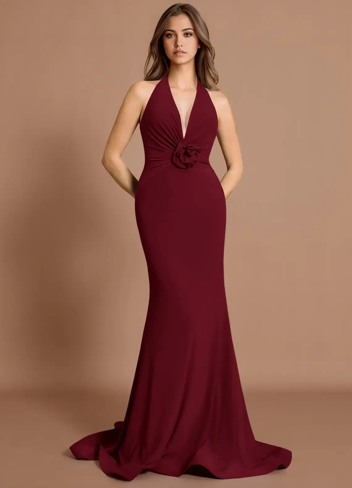 Rose Accent Halter Mermaid Chiffon Open Back Train Floor Length For Ladies Prom Dress