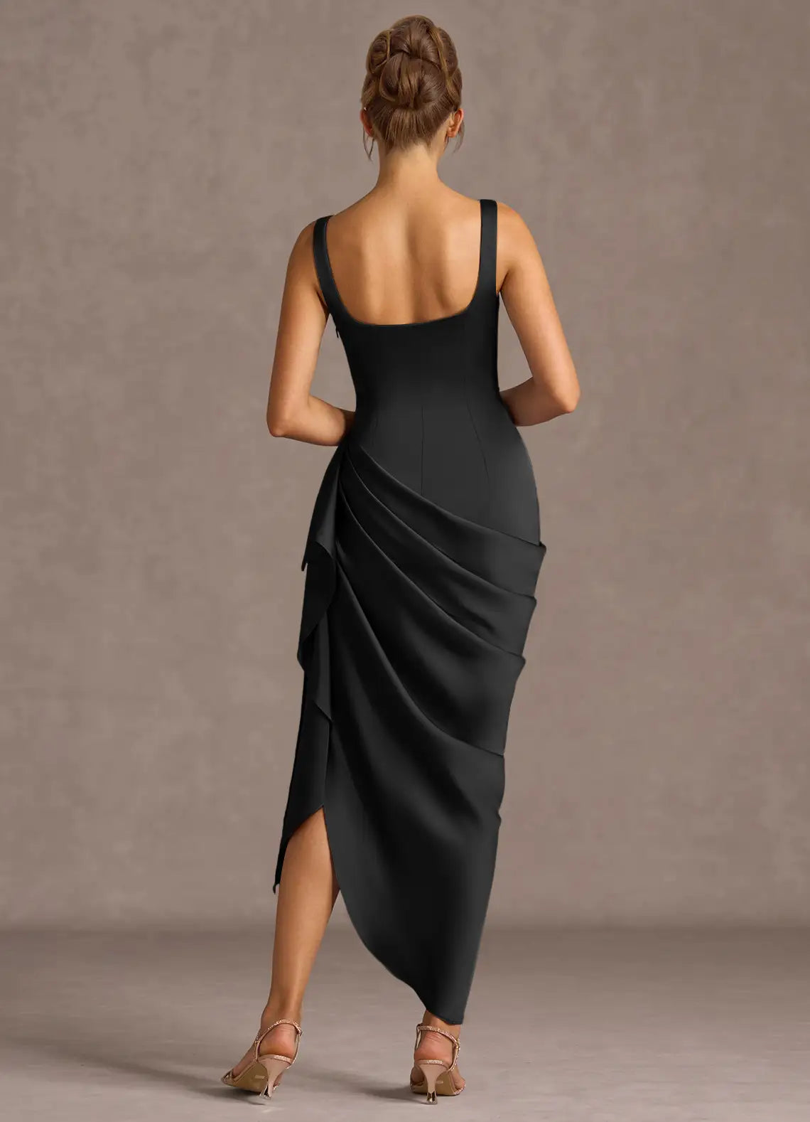 Rose Detail Square Neck Sheath Ruffled Side Asymmetrical Hem Midi Length For Ladies Prom Dress