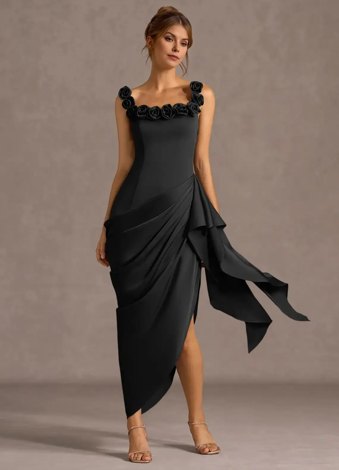 Rose Detail Square Neck Sheath Ruffled Side Asymmetrical Hem Midi Length For Ladies Prom Dress