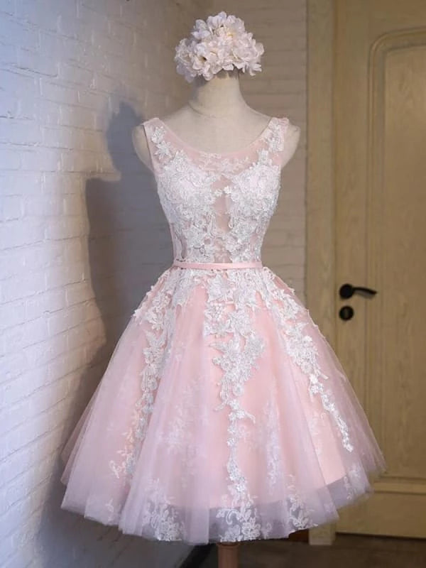 Round Neck Short Pink Lace Prom Formal Graduation Evening Pink Party Dresses Homecoming Dresses
