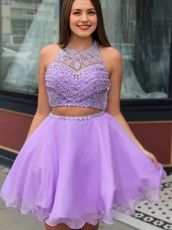 Round Neck Two Pieces Beaded Purple Short Prom Graduation Evening Party Dresses Homecoming Dresses